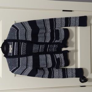 LOFT Slouchy Boho Blue and White Knit Sweater with Fringe